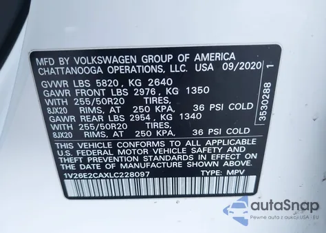2020 Volkswagen Atlas Cross Sport 3.6L V6 Se W/Technology/3.6L V6 Se W/Technology R-Line z USA, uszkodzony, nr VIN 1V26E2CAXLC228097